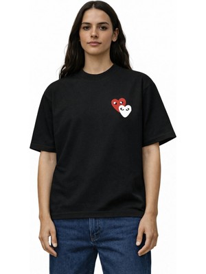 Unisex Kadın Erkek Commedes 2li Kalp Ön Baskılı Oversize Kalın Kumaş Rahat Kesim Pamuklu T-Shirt