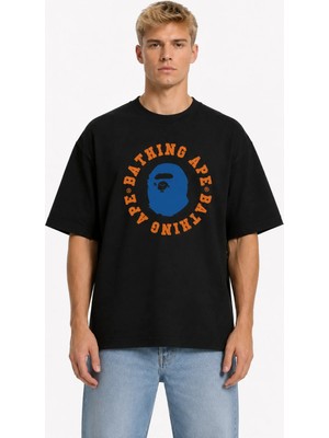 Unisex Kadın Erkek Bape Yuvarlak Yeni Sezon Ön Tasarım Baskılı Oversize Kalın Kumaş Rahat Kesim T-Shirt