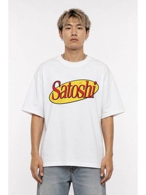 Unisex Kadın Erkek Satoshi Yazılı Sarı Ön Baskılı Oversize Kalın Kumaş Rahat Kesim T-Shirt