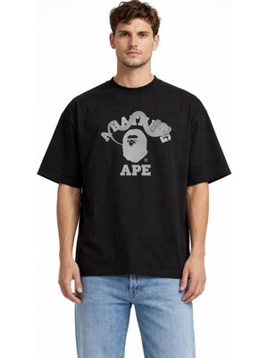 Unisex Kadın Erkek Bape Yılan ve Yazı Ön Baskılı Oversize Kalın Kumaş Rahat Kesim Pamuklu T-Shirt