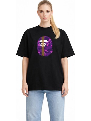 Unisex Kadın Erkek Bape Mor 2'li Kamuflaj Ön Baskılı Oversize Kalın Kumaş Rahat Kesim Pamuklu T-Shirt