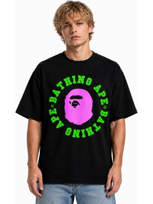 Unisex Kadın Erkek Bape Yuvarlak Yeni Sezon Ön Tasarım Baskılı Oversize Kalın Kumaş Rahat Kesim T-Shirt