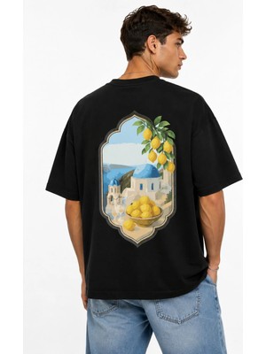 Unisex Kadın Erkek Amalfi Lemon Sırt Baskılı Oversize Kalın Kumaş Rahat Kesim Pamuklu T-Shirt