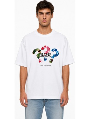 Unisex Kadın Erkek 3'lu Bape Soru Işareti Ön Baskılı Oversize Kalın Kumaş Rahat Kesim Pamuklu T-Shirt