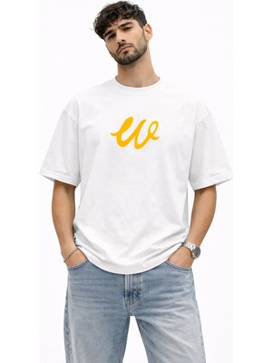 Unisex Kadın Erkek W Logo Özel El Yazılı Ön Baskılı Oversize Kalın Kumaş Rahat Kesim Pamuklu T-Shirt