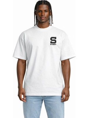 Unisex Kadın Erkek S Logo Stussy Ön Baskılı Oversize Kalın Kumaş Rahat Kesim Pamuklu T-Shirt