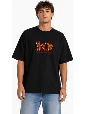 Unisex Kadın Erkek Hello Alev Yazılı Ön Baskılı Tasarım Baskılı Oversize Kalın Kumaş Rahat Kesim T-Shirt