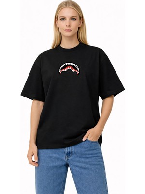 Unisex Kadın Erkek Bape Shark Ön Baskılı Oversize Kalın Kumaş Rahat Kesim Pamuklu T-Shirt
