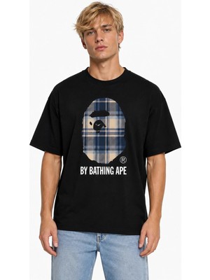 Unisex Kadın Erkek Bape Burr Ekoseli Mavi Bej Ön Baskılı Oversize Kalın Kumaş Rahat Kesim T-Shirt