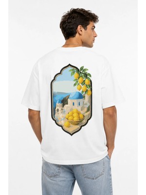 Unisex Kadın Erkek Amalfi Lemon Sırt Baskılı Oversize Kalın Kumaş Rahat Kesim Pamuklu T-Shirt