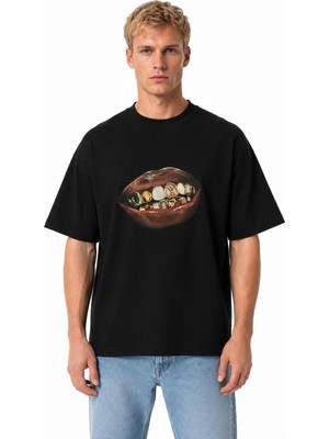 Unisex Kadın Erkek Charm Dudak Ön Baskılı Oversize Kalın Kumaş Rahat Kesim T-Shirt