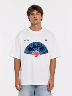 Unisex Kadın Erkek Bape Yelpaze Desenli Ön Baskılı Tasarım Baskılı Oversize Kalın Kumaş Rahat Kesim T-Shirt