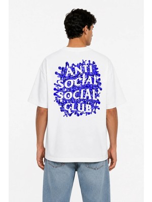 Unisex Kadın Erkek Anti Social Mor Ön ve Sırt Baskılı Oversize Kalın Kumaş Rahat Kesim Pamuklu T-Shirt