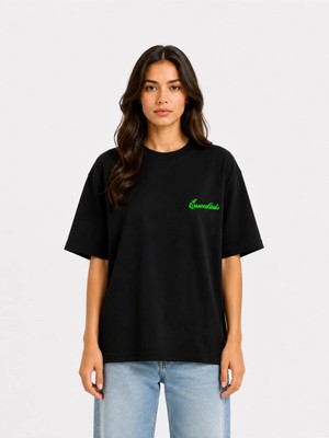 Unisex Essential Yeni Sezon Logo Ön Baskılı Oversize Kalın Kumaş Rahat Kesim Pamuklu T-Shirt