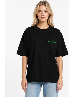Unisex Kadın Erkek Say Masallah Yazılı Logo Ön Baskılı Oversize Kalın Kumaş Rahat Kesim Pamuklu T-Shirt
