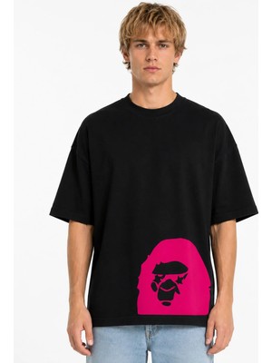 Unisex Kadın Erkek Bape Etek Ucu Pembe Tasarım Baskılı Oversize Kalın Kumaş Rahat Kesim T-Shirt