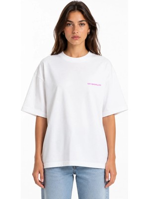 Unisex Kadın Erkek Say Masallah Yazılı Logo Ön Baskılı Oversize Kalın Kumaş Rahat Kesim Pamuklu T-Shirt