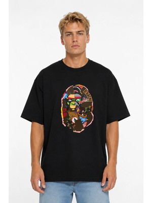 Unisex Kadın Erkek Bape Karışık Desenli Tasarım Ön Baskılı Oversize Kalın Kumaş Rahat Kesim T-Shirt