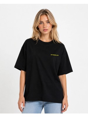 Unisex Kadın Erkek Say Masallah Yazılı Logo Ön Baskılı Oversize Kalın Kumaş Rahat Kesim Pamuklu T-Shirt