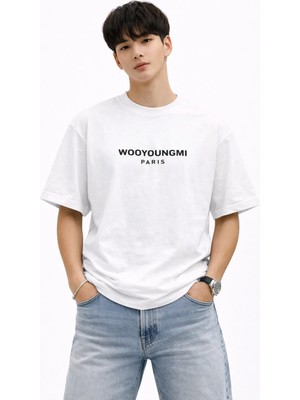 Unisex Kadın Erkke Wooyoungmi Yazılı Logo Ön Baskılı Oversize Kalın Kumaş Rahat Kesim Pamuklu T-Shirt