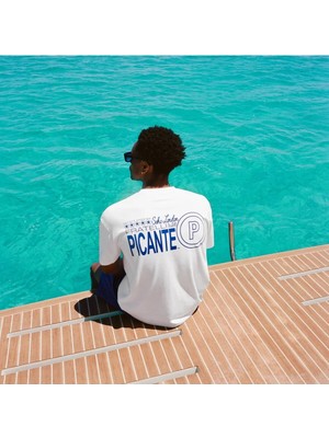 Unisex Picante Mavi Logo Frattelı Baskılı Oversize Kalın Kumaş Rahat Kesim Pamuklu T-Shirt