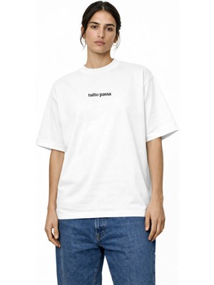 Unisex Kadın Erkek Unisex Tutto Passo Yazı Ön Baskılı Oversize Kalın Kumaş Rahat Kesim Pamuklu T-Shirt