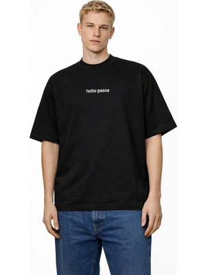 Unisex Kadın Erkek Unisex Tutto Passo Yazı Ön Baskılı Oversize Kalın Kumaş Rahat Kesim Pamuklu T-Shirt