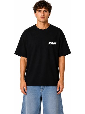 Unisex Kadın Erkek Raw Yazı Logo Ön Baskılı Oversize Kalın Kumaş Rahat Kesim Pamuklu T-Shirt