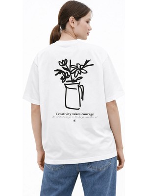 Unisex Özel Tasarım Vazo Çicek Graffiti Sırt Baskılı Oversize Kalın Kumaş Rahat Kesim Pamuklu T-Shirt