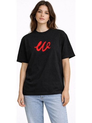 Unisex Kadın Erkek W Logo Özel El Yazılı Ön Baskılı Oversize Kalın Kumaş Rahat Kesim Pamuklu T-Shirt