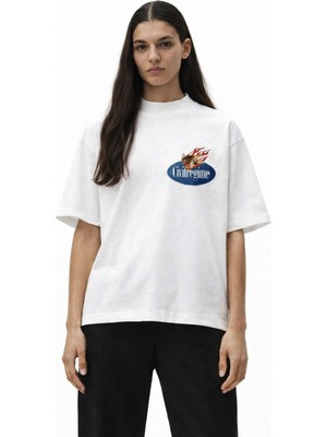 Unisex Civilregime Alev Bebek Yazı Logo Ön Baskılı Oversize Kalın Kumaş Rahat Kesim Pamuklu T-Shirt