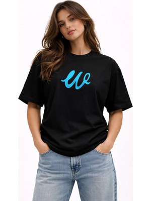 Unisex Kadın Erkek W Logo Özel El Yazılı Ön Baskılı Oversize Kalın Kumaş Rahat Kesim Pamuklu T-Shirt