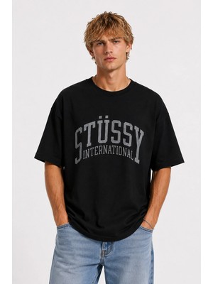 Unisex Kadın Erkek Stussy International Logo Ön Baskılı Tasarım Baskılı Oversize Kalın Kumaş Rahat Kesim T-Shirt