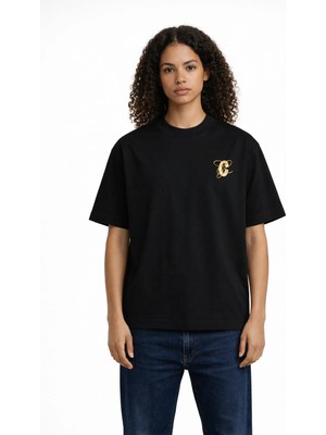 Unisex Kadın Erkek C Üstü Sarı Çizgili Ön Baskılı Oversize Kalın Kumaş Rahat Kesim Pamuklu T-Shirt