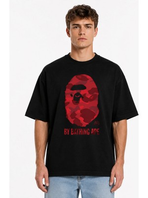 Unisex A Bathıng Ape Bape Kırmızı Goril Tasarım Baskılı Oversize Kalın Kumaş Rahat Kesim T-Shirt