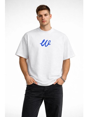 Unisex Kadın Erkek W Logo Özel El Yazılı Ön Baskılı Oversize Kalın Kumaş Rahat Kesim Pamuklu T-Shirt
