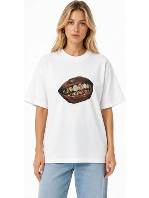Unisex Kadın Erkek Charm Dudak Ön Baskılı Oversize Kalın Kumaş Rahat Kesim T-Shirt