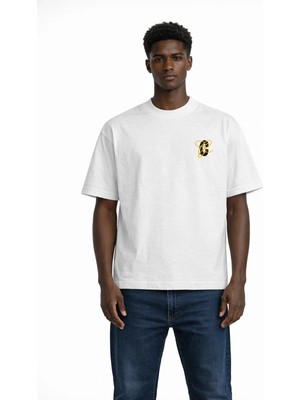 Unisex Kadın Erkek C Üstü Sarı Çizgili Ön Baskılı Oversize Kalın Kumaş Rahat Kesim Pamuklu T-Shirt