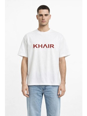 Unisex Kadın Erkek Khaır Kırmızı Yazı Orta Ön Baskılı Oversize Kalın Kumaş Rahat Kesim Pamuklu T-Shirt