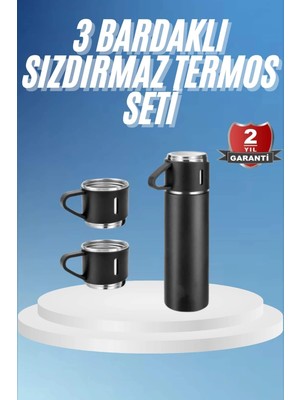 İyisi Olsun Termos Paslanmaz Çelik Termos Siyah Renk 3 Bardaklı Termos Seti