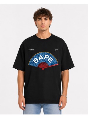 Unisex Kadın Erkek Bape Yelpaze Desenli Ön Baskılı Tasarım Baskılı Oversize Kalın Kumaş Rahat Kesim T-Shirt