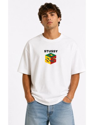 Unisex Kadın Erkek Stussy Renkli Logo Ön Baskılı Tasarım Baskılı Oversize Kalın Kumaş Rahat Kesim T-Shirt