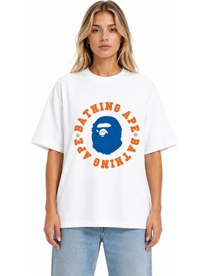 Unisex Kadın Erkek Bape Yuvarlak Yeni Sezon Ön Tasarım Baskılı Oversize Kalın Kumaş Rahat Kesim T-Shirt
