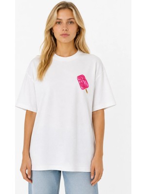 Unisex Kadın Erkek Stussy Dondurma Logo Baskılı Oversize Kalın Kumaş Rahat Kesim T-Shirt