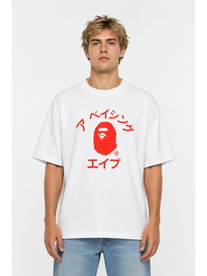 Unisex Kadın Erkek Bape Çince Kırmızı Tasarım Ön Baskılı Oversize Kalın Kumaş Rahat Kesim T-Shirt