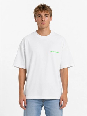 Unisex Kadın Erkek Say Masallah Yazılı Logo Ön Baskılı Oversize Kalın Kumaş Rahat Kesim Pamuklu T-Shirt