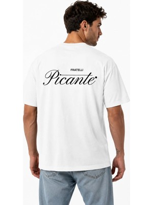Unisex Picante Yazı Sırt Frattelı Baskılı Oversize Kalın Kumaş Rahat Kesim Pamuklu T-Shirt