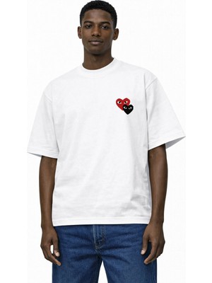 Unisex Kadın Erkek Commedes 2li Kalp Ön Baskılı Oversize Kalın Kumaş Rahat Kesim Pamuklu T-Shirt