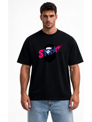Unisex Kadın Erkek Bape Şimşek Desenli Ön Baskılı Oversize Kalın Kumaş Rahat Kesim Pamuklu T-Shirt