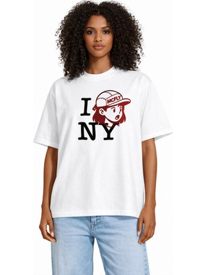 Unisex Kadın Erkek I Love Newyork Figür Ön Baskılı Oversize Kalın Kumaş Rahat Kesim Pamuklu T-Shirt